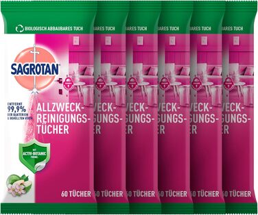 Універсальні серветки Sagrotan гранат і лайм - Для практичного очищення поверхонь - 6 х 60 вологих серветок у герметичній упаковці