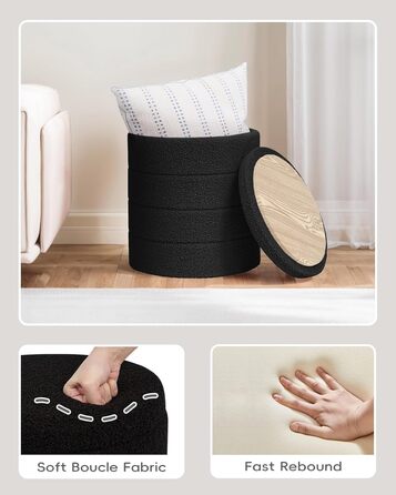 Табурет PINPLUS з місцем для зберігання, кругла коробка для зберігання з кришкою, складна підставка для ніг, м&39який табурет з місцем для зберігання Ø 37x45 см для вітальні, спальні та коридору, чорний 37Г x 37Ш x 45В см