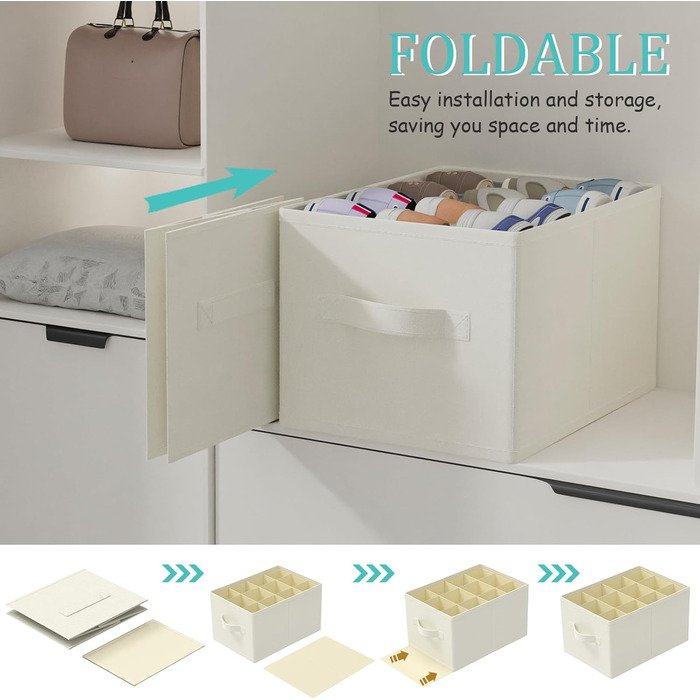 Елементний органайзер для взуття для шафи, великий простір для зберігання взуття, вміщує 12-24 пари, складна тканинна коробка для взуття з 3 ручками, 42 x 32 x 26 см, бежевий, XSNX02BE-2 2 комплекти (42 x 32 x 26 см) бежевий, 2-