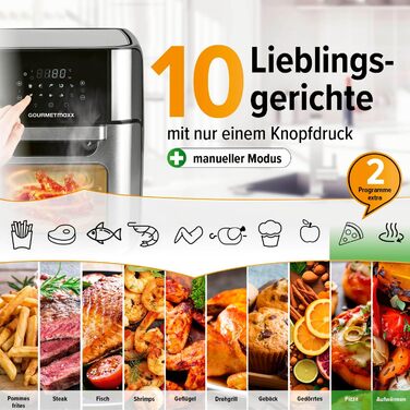 Цифрова фритюрниця GOURMETmaxx 12 л, духова шафа з нержавіючої сталі XXL Мультипіч таймер, сенсорний дисплей, гриль Нежирне, енергозберігаюче смаження 10 програм в т.ч. піца 1800 Вт нержавіюча сталь / чорний 12 літрів