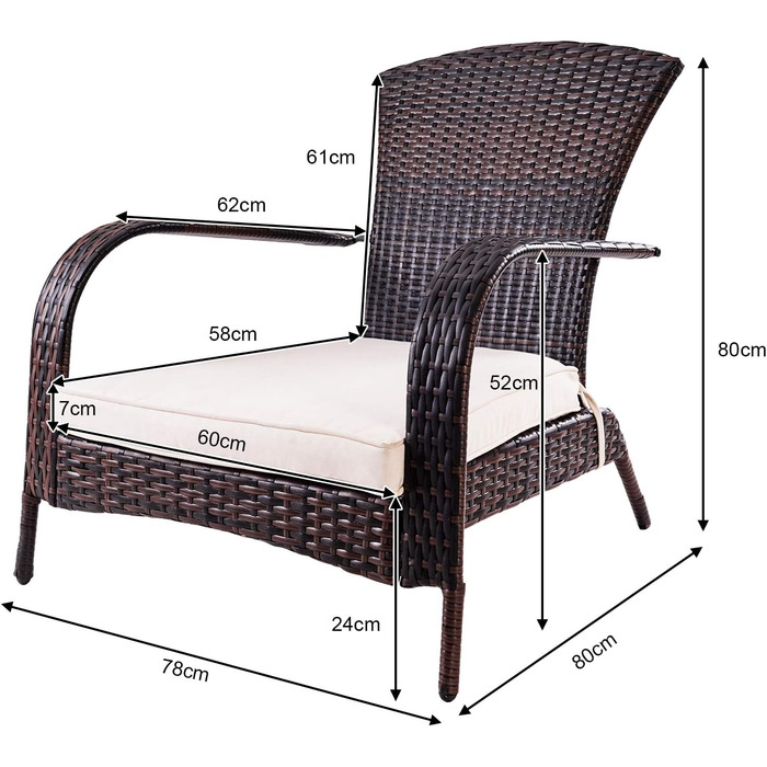 Крісло з ротанга COSTWAY з подушками, крісло з ротанга сад, садове крісло бістро стілець поліротанг, коричневий