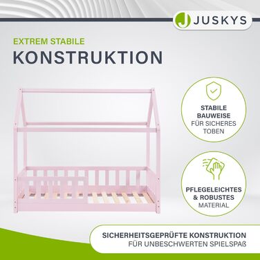 Дитяче ліжко Juskys Marli 80 x 160 см із захистом від падіння, рейковою основою та дахом - Ліжко-будиночок з масиву дерева для дітей - Ліжко кольору троянди