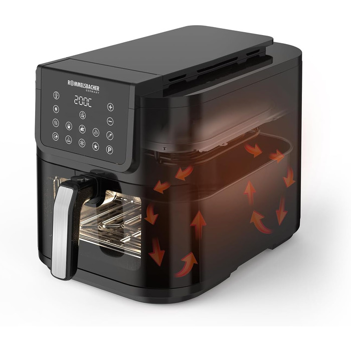 Аерофритюрниця ROMMELSBACHER FRH 1700, XXL-чаша 8 л (21 x 30 см) для 1 кг картоплі фрі, тихий режим 45 дБ(А), 10 програм, 60-200 C, велике вікно з підсвіткою