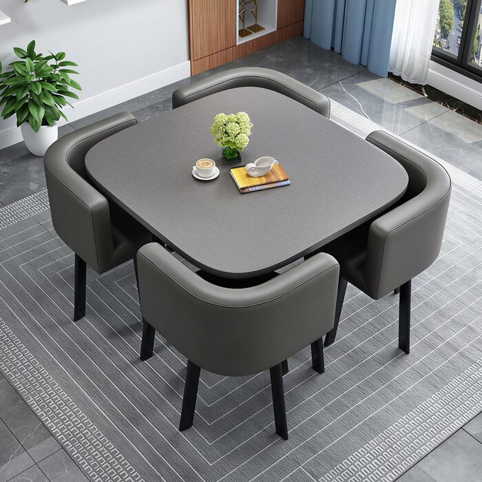 Обідній комплект із 4 стільцями, маленький круглий обідній стіл 90 см, для 4-6 осіб, для їдальні, кухні, вітальні, сучасні кухонні стільці (80 см сірого кольору)