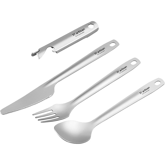 Набір титанових столових приборів ніж, виделка, ложка, відкривачка для пляшок, набір посуду з 4 предметів, легкий набір столових приборів для кемпінгу з футляром для перенесення, подорожей, пікніків, походів