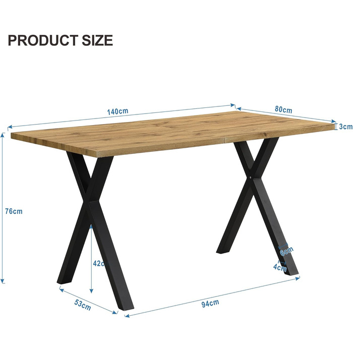 Обідній стіл Merax, дизайн зі схрещеними ніжками, сучасний простий прямокутний обідній стіл з кованого заліза, Д140*Ш80*В76 см, дубчорний 01/імітація дуба 140x80x76 см