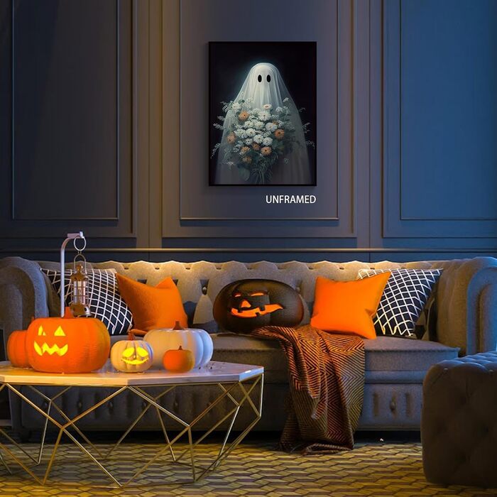 Хелловін привид полотно мистецтво, смішні, милі привиди з квітами плакат, темна академія, моторошна прикраса кімнати, естетичний,