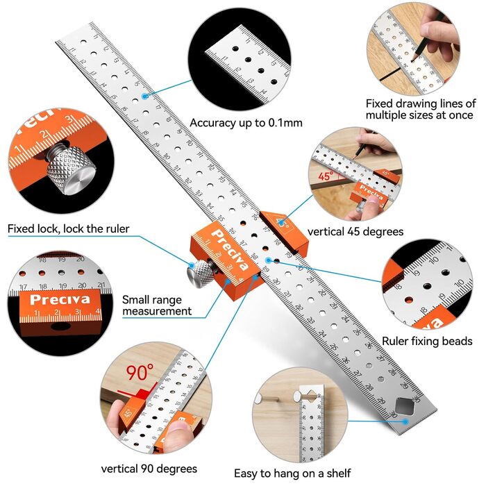 Набір столярних кутів, метрична трикутна лінійка Preciva 180 мм і ударний датчик 300 мм, лінійка зупинки Комбінована кутова лінійка з алюмінієвого сплаву для DIY, роботи по дереву, домашньої роботи