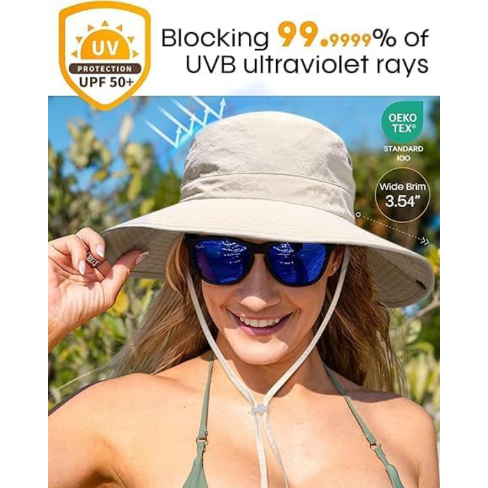 Унісекс сонцезахисний капелюх із захистом від ультрафіолету для жінок та чоловіків, літній капелюх, складний туристичний капелюх, портативний капелюх для риболовлі на свіжому повітрі з широкими полями, один розмір, бежевий