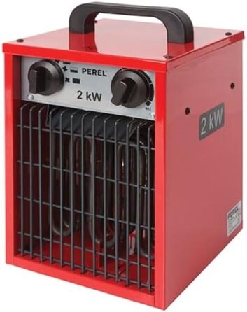 Електричний вентилятор-обігрівач Perel потужністю 2000 Вт з 3 режимами нагріву, термостатом та функцією охолодження, захистом від перегріву IP24, компактний та портативний для майстерні, гаража або сараю, 2000 Вт (3 рівні)