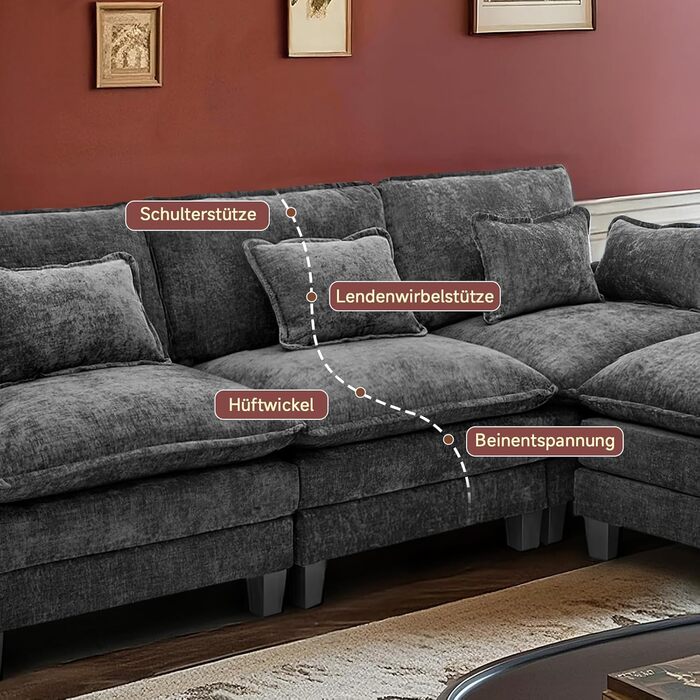 Модульний кутовий диван, L-подібний диван для вітальні, надзвичайно глибокі, зручні дивани-хмарки з шенілу з декоративними подушками та розсувною оттоманкою (чорний, 3 місця з 1 оттоманкою) Чорний 3 місця з 1 оттоманкою