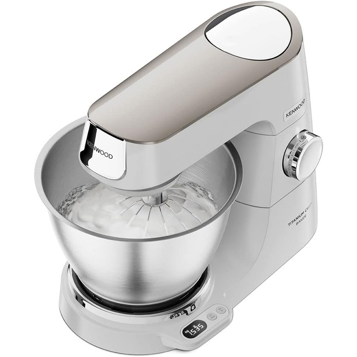 Кухонна машина Kenwood Titanium Chef Baker з вагами, набором для кондитерів (3 предмети) та чашею з нержавіючої сталі 5 л, 1200 Вт, білий (KVC65.001WH)