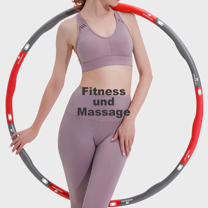 Хула-хуп RHINOSPORT 1,2 кг – фітнес-обруч для дорослих і дітей, обтяжений, з 8 знімних секцій, регульований розмір, для схуднення, чорно-червоний