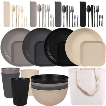 Небиткий набір посуду на 4 особи з сумкою з тканини, багаторазовий посуд для кемпінгу, пластиковий посуд для пікніка, барбекю, легкий посуд для подачі, тарілки, миски, столові прибори в комплекті