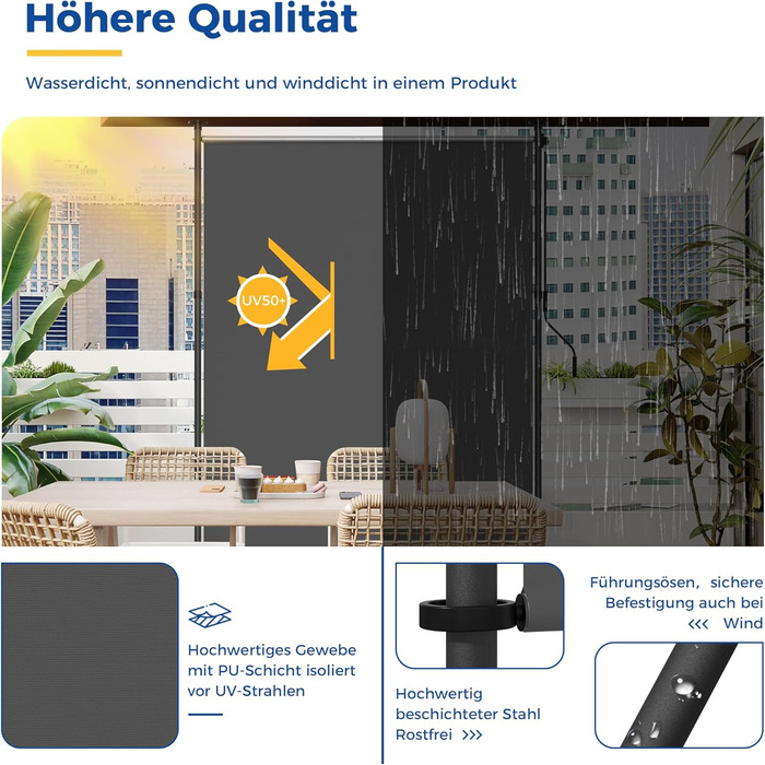 Вертикальна тентована маркіза для вулиці, Вертикальна тентована маркіза без свердління, Балконна жалюзі з ручним приводом, Ширма для забезпечення конфіденційності, Захист від сонця, Вітрозахист, Балкон та сад, 200 x (220-310) см, Ширина тканини 185,5 см, 