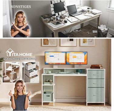 Кутовий письмовий стіл YITAHOME з розетками та шухлядами, комп'ютерний стіл Білий, 144 x 50 x 87 см