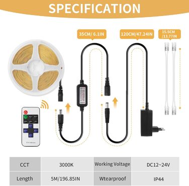 Світлодіодна стрічка COB 5M, світлодіодна стрічка 2700K з можливістю затемнення 24 В COB Теплий білий, світлова стрічка самоклеюча водонепроникна IP44, світлодіодна стрічка з пультом дистанційного керування для освітлення під стільницею Телевізор Кухня Ві