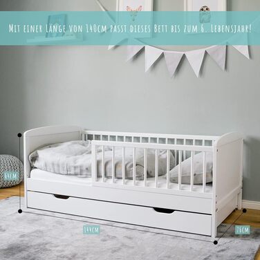 Дитяче ліжко Kids Collective 70x140 см з шухлядою, рейковою основою та захисними поручнями білого кольору, з ящиком для ліжка, Зроблено в Європі. Дитяче ліжко до 6 років 70 x 140 см без матраца, біле.