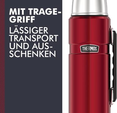 Термос-пляшка Thermos Stainless King, червона, 1,20 л - нержавіюча сталь, абсолютно герметична, з чашкою для пиття та ручкою, зберігає напої гарячими 12 годин та холодними 24 години, можна мити в посудомийній машині, без BPA, журавлина 1200 мл