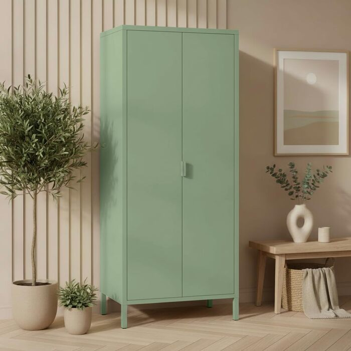 Металева шафа skølm Ituri, м&39ятно-зелена Шафа з 6 полицями та 2 рейками для одягу Шафа для передпокою, ширина 80 см Шафа для спальні в індустріальному стилі Сталева шафа для вітальні та офісу, м&39ятно-зелена, без шухляд