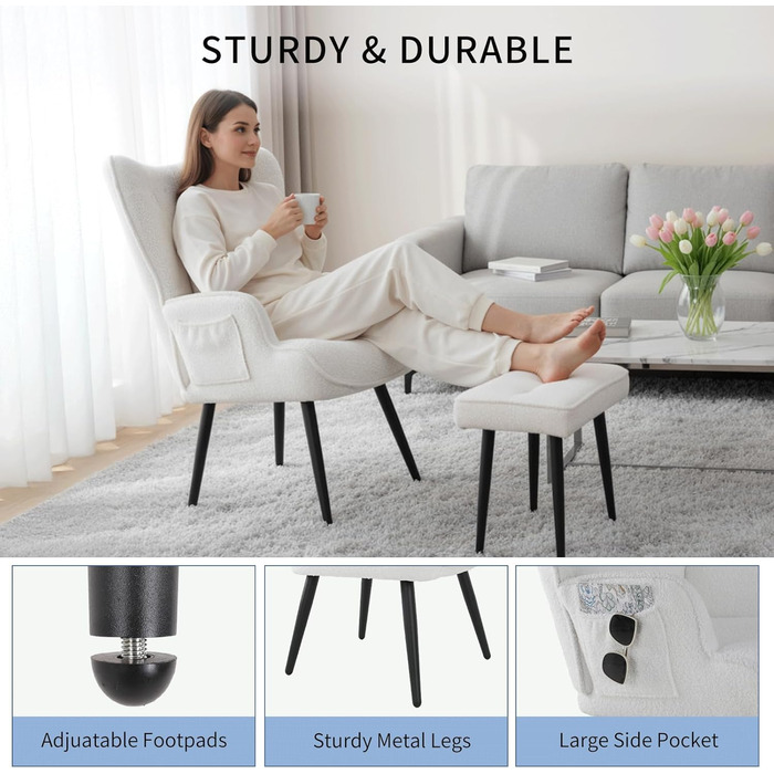 Крісло CLEVICH з підніжкою - Затишне крісло для відпочинку з підніжкою, крісло для читання, крісло з тканини Тедді для вітальні та спальні - До 168 кг, Біле