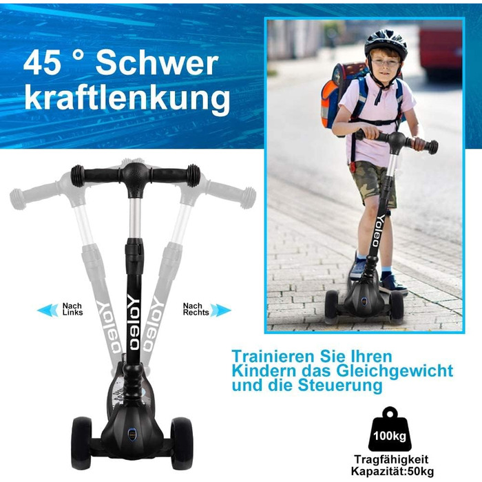 Дитячий самокат YOLEO дитячий самокат триколісний самокат зі світлодіодними колесами, 2-колісні задні гальма, 4 регульовані по вис