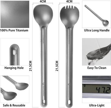 Титанова ложка Ложка з довгою ручкою Свинячі кемпінгові столові прибори, Надлегкий титановий набір столових приборів для кемпінгу,