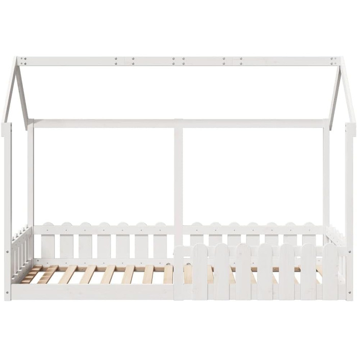 Дитяче ліжко, Ліжко на підлогу із захистом від падіння та рейковою основою, Ліжко-будиночок для хлопчиків та дівчаток, Дерев&39яне ліжко для дитячої кімнати, Біле 80x200 см Масив сосни 80 x 200 см Біле