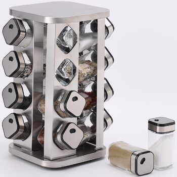 Стійка для спецій PTUWODS з 16 квадратними банками для спецій, карусель для спецій з нержавіючої сталі, що обертається на 360, органайзер для спецій, контейнери для спецій зі вставкою-шейкером, 16 банок