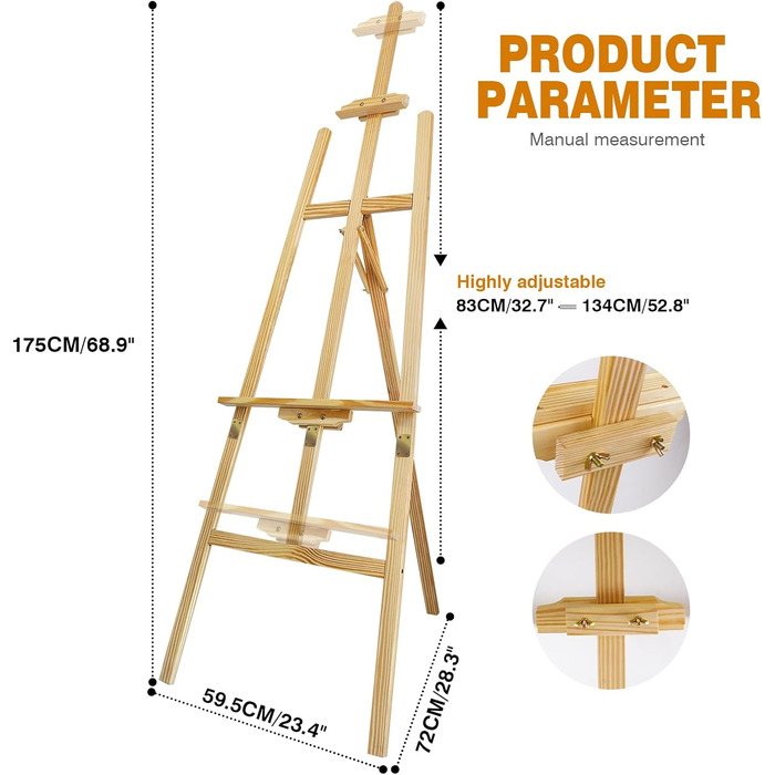 Мольберт для художника, дерев'яний мольберт з А-подібною рамою, студійний мольберт, 1,5 м, регульований тримач для вивісок, підставка для полотна, портативний мольберт, художня підставка для живопису, ескізу, весілля, виставки (1,75 м/69 дюймів)