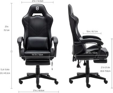 Ергономічне ігрове крісло з масажною поперековою подушкою, офісне крісло для ПК в гоночному стилі зі штучної шкіри, ігрове крісло з підлокітниками, вантажопідйомність до 159 кг, чорний колір