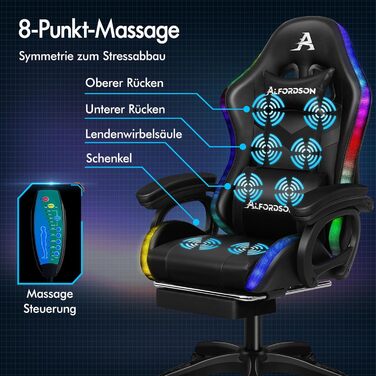 Ігрове крісло ALFORDSON, гоночне ігрове крісло зі світлодіодним RGB-підсвічуванням, масажне комп&39ютерне крісло з підставкою для ніг, ергономічне поворотне крісло з важільною спинкою, чорне