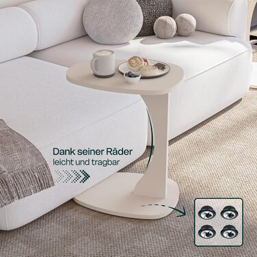 Приставний столик для дивана з колесами, маленький С-подібний приставний столик, столик для дивана стильного пісочно-бежевого кольору, маленький журнальний столик для вітальні, ідеальна поверхня для ноутбуків, чашок - Norma