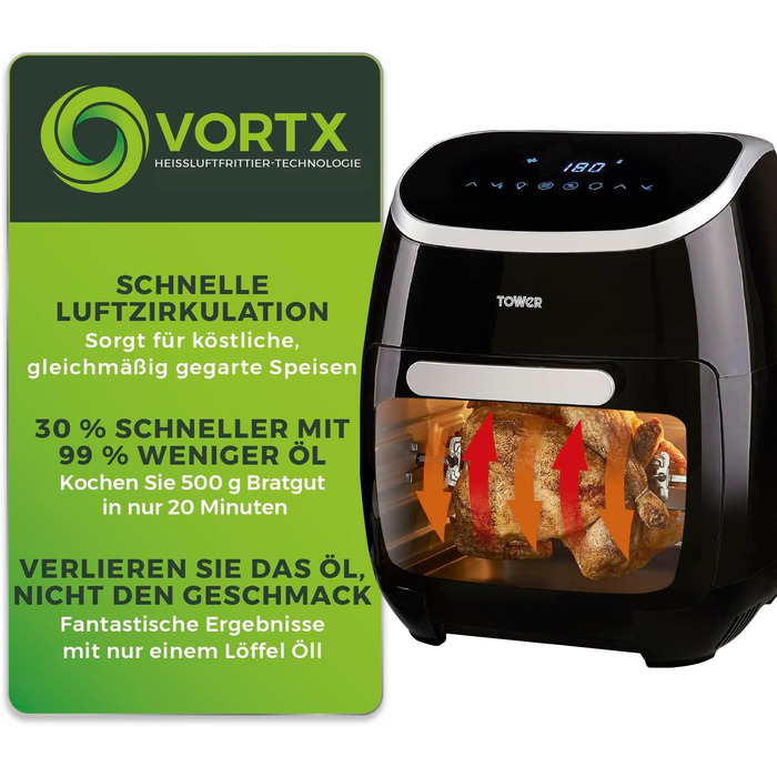 Цифрова фритюрниця Tower T17039 Xpress Pro 5-в-1 зі швидкою циркуляцією повітря, таймером на 60 хвилин - фритюрниця XXL 11L - 2000 Вт - чорний цифровий 5-в-1