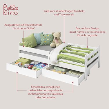 Дитяче ліжко Bellabino Kuru 90x200 з 2 висувними шухлядами, односпальне дитяче ліжко з захистом від випадіння та рейковою рамою, д