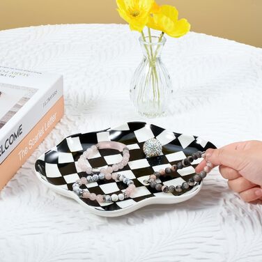 Піднос для ювелірних виробів Koythin, керамічна тарілочка для ювелірних виробів, органайзер для ювелірних виробів, картатий візерунок, естетичний, декоративний для кухні, ванної кімнати (чорно-біла шахівниця)