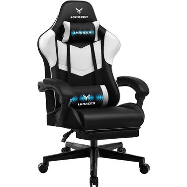 Ігрове крісло LUCKRACER з підставкою для ніг, ергономічне офісне крісло з регульованою поперековою подушкою та підголівником, ігрове крісло з регулюванням висоти, вантажопідйомність 150 кг, білий колір