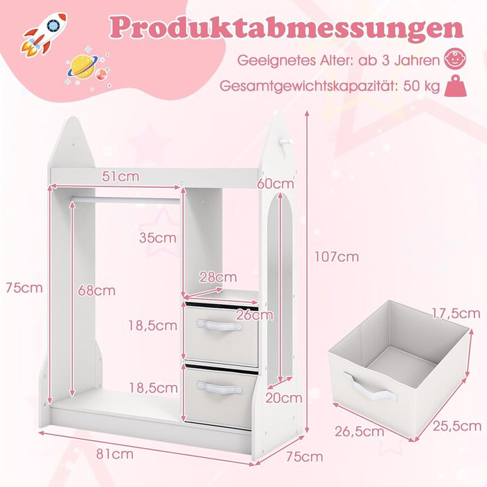 Дитяча шафа COSTWAY з дзеркалом, вішалка для дитячого одягу з рейкою для одягу, 2 шухляди для тканини та гачки, дерев&39яна дитяча шафа з полицями, для дитячої кімнати, 81 x 38 x 107 см (білий) 81 x 38 x 107 см білий