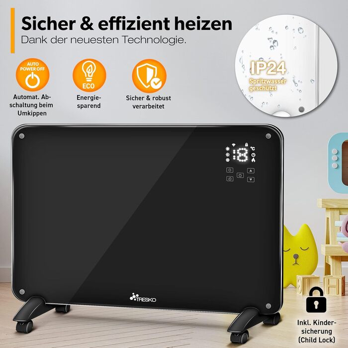 Конвекторний обігрівач TRESKO зі скляним додатком 2000 Вт, WiFi Електричний обігрівач з пультом дистанційного керування Конвекторний радіатор із сенсорним РК-дисплеєм Електричний радіатор, окремостоячий або настінний, чорний