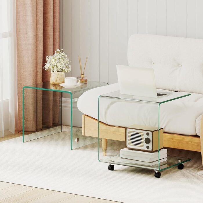 Журнальний столик COSTWAY із загартованого скла з колесами, С-подібний скляний стіл, тумбочка, столик для дивана, журнальний столик для вітальні, спальні, 45 x 40 x 48 см (прозорий) маленький (з колесами) прозорий 1