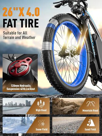 Електричний велосипед V7 для дорослих, гірський електровелосипед 264.0 дюймів з товстими шинами, акумулятор 52 В 19.2 Аг, гідравлічні гальма, 21-швидкісний електровелосипед