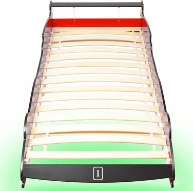 Дитяче ліжко &quotГоночні машинки&quot зі світлодіодним підсвічуванням 90x200 см червоного кольору Каркас ліжка зі світлодіодною стрічкою, що змінює колір, та пультом дистанційного керування для світлових ефектів, міцна конструкція 225 x 94 x 38 см червон