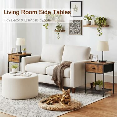 Набір з 2 тумбочек, Бічний столик з тканинними шухлядами, Тумбочка з 2 полицями, Тумбочка для спальні, Вітальні, Індустріальний стиль, 40 x 30 x 55 см Вінтажний коричневий EHET03SDBR