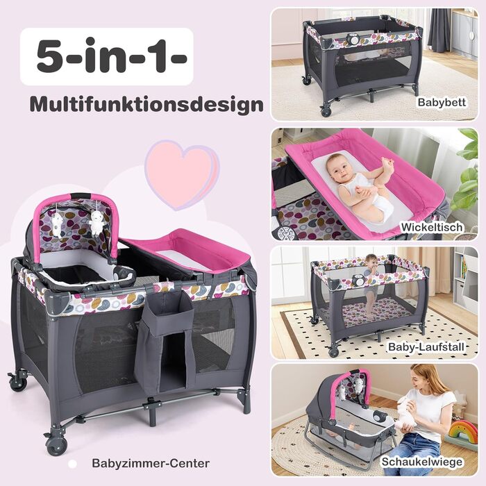 Дитяче ліжечко COSTWAY 5-в-1, дорожнє ліжечко з матрацом, дитяче дорожнє ліжечко, включаючи пеленальний килимок, дитячу колиску та музичний мобіль, колиску з колесами, дитяче ліжечко для немовлят до 36 місяців (рожева крапка) 106Д x 74Ш x 74В см рожевого 