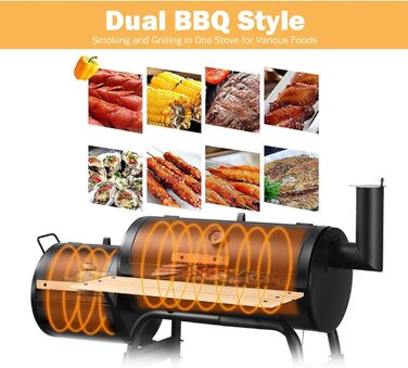 Гриль-коптильня вугільний KOMFOTTEU з димарем, 2-в-1, з термометром та колесами. Сталевий гриль-коптильник з бічним столиком та нижньою полицею, мобільний гриль-візок для пікніків, BBQ, 115x65x108 см