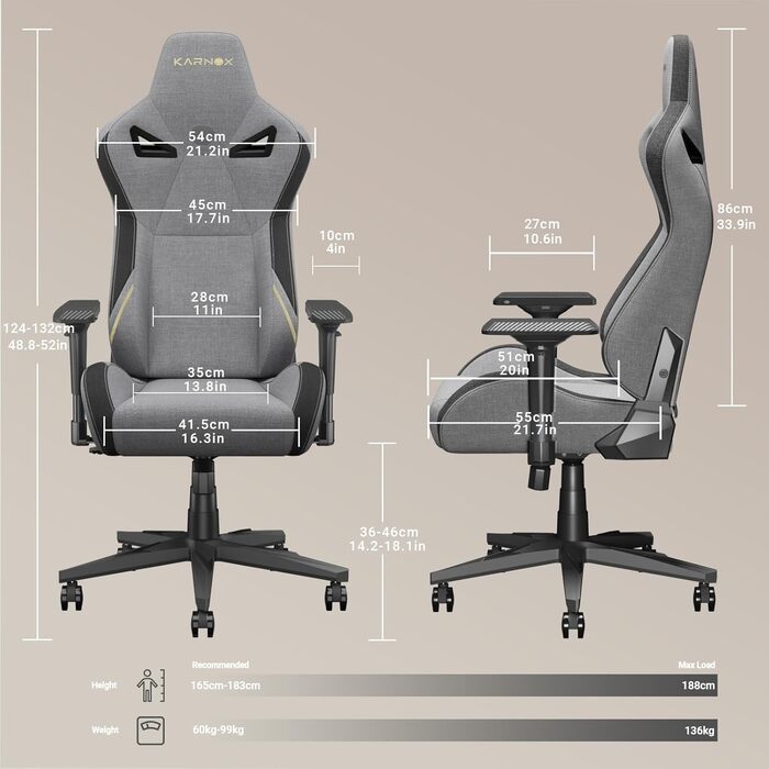 Ергономічне ігрове крісло з тканиною, офісне крісло з високою спинкою, ігрове крісло для користувачів з вагою, з підголівником та поперековою опорою, ігрове крісло в гоночному стилі, кут нахилу 155 з фіксацією кута, 56x55x135 см