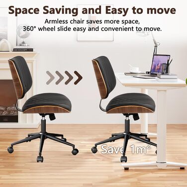 Офісне крісло CLATINA без підлокітників, стілець для столу з колесами, регульоване по висоті шкіряне поворотне комп&39ютерне крісло із середньою спинкою, сучасний стиль горіхового дерева для домашнього офісу, конференц-зал, чорний, комплект з