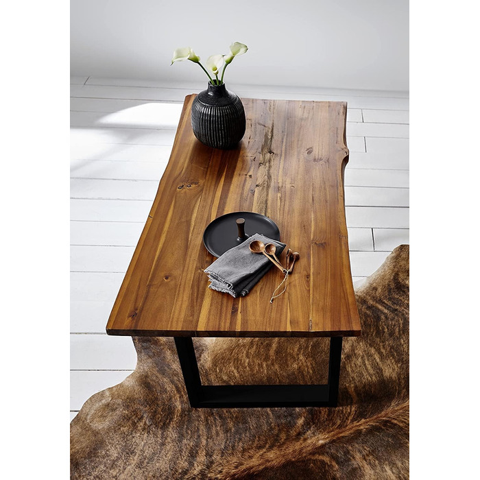 Обідній стіл SAM Esra, 120 x 80 см, масив акації, коньячного кольору, стіл з натуральним краєм та чорним металевим каркасом, обідній стіл зі стільницею з натуральним краєм 26 мм, справжній натуральний край, 120 x 80 см, коньячний/чорний