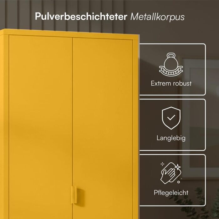 Металева шафа Skølm Ituri, гірчично-жовта Шафа з 6 полицями та 2 рейками для одягу Шафа для передпокою шириною 80 см Шафа для спальні в індустріальному стилі Сталева шафа для вітальні та офісу, гірчично-жовта без шухляд