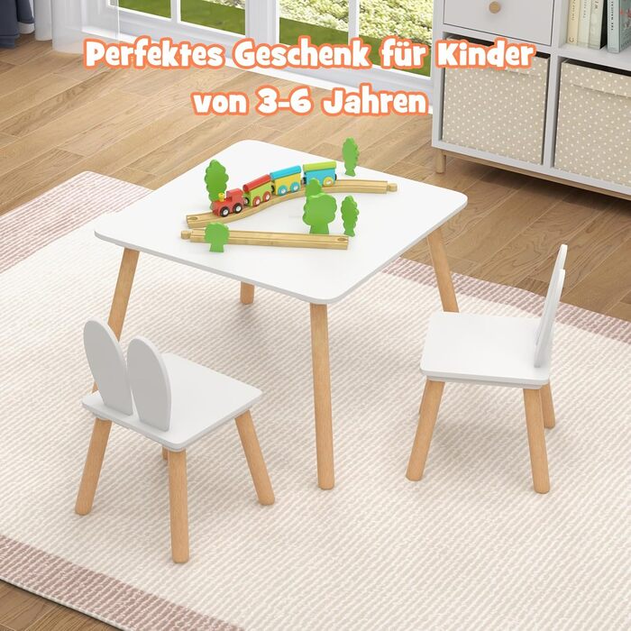 Дитячий стіл DREAMADE з 2 стільцями, комплект дитячих сидінь зі спинкою у формі кролячих вух та ніжками з масиву дерева, комплект із 3 предметів для дітей від 3 років для дитячих кімнат та дитячих садків, білий (білий)